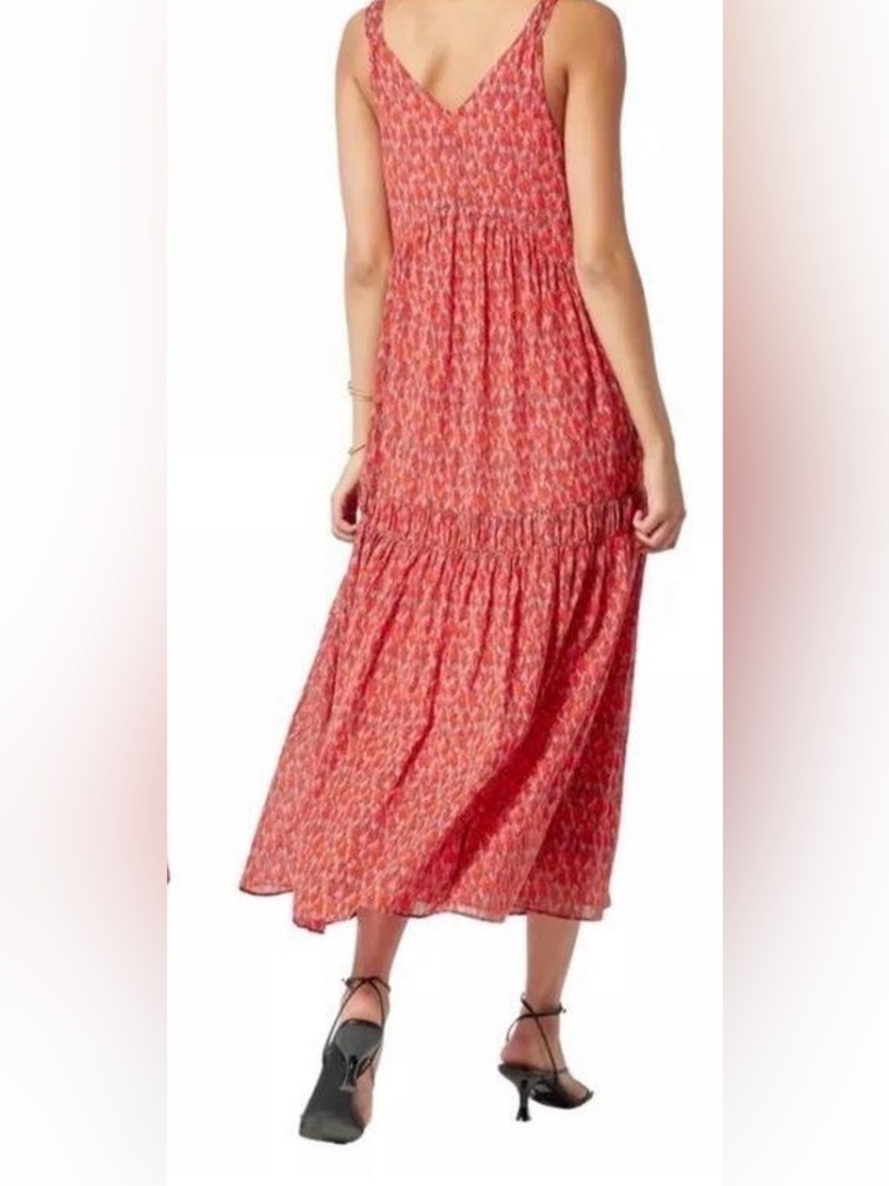 Joie Bondi Tiered Maxi Dress Red Pink Coral Ikat 100% Cotton Size Large - Picture 3 of 10